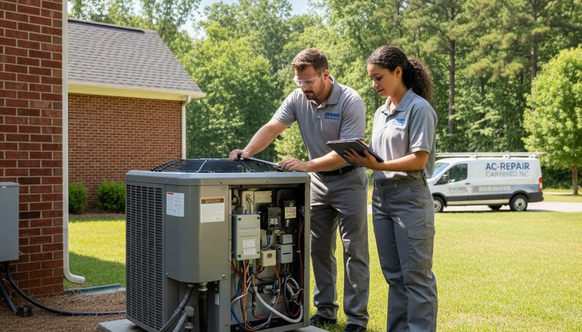 Professional AC repair technician servicing air conditioner in Durham NC home