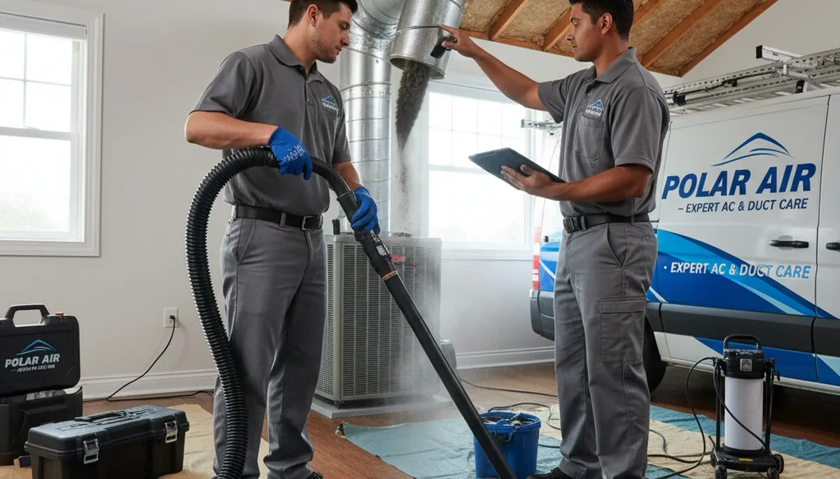 Technician cleaning air ducts for HVAC system in Durham NC home by Five Star Cooling